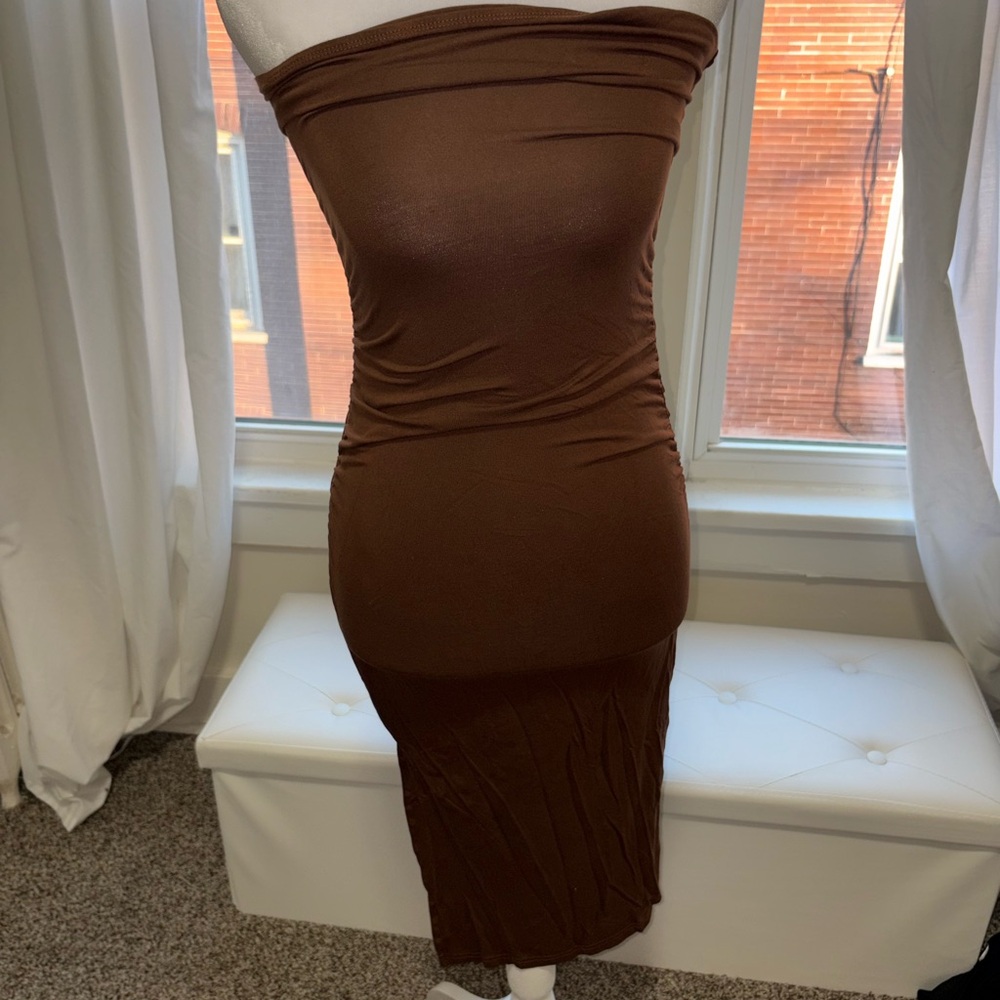SHEIN Strapless Brown Midi Bodycon Dress